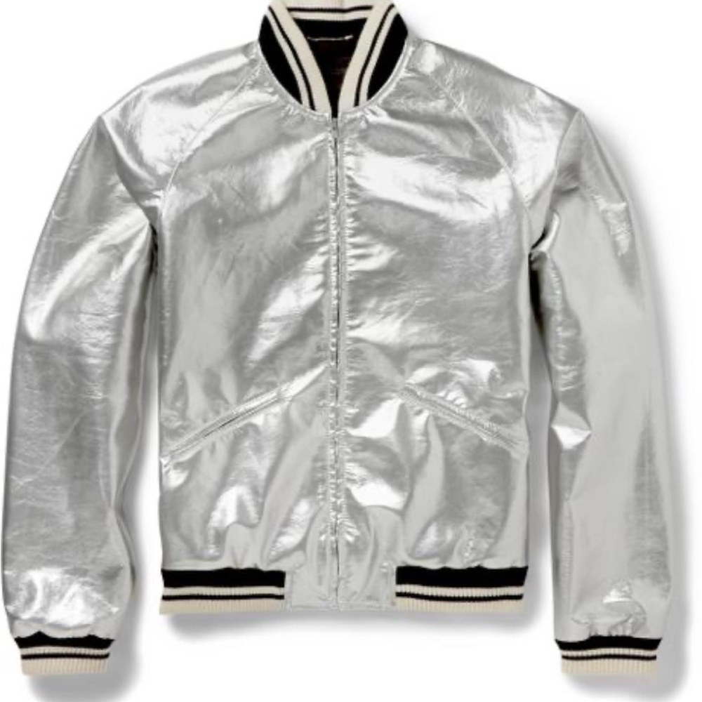 SAINT LAURENT men’s silver metallic bomber jacket.